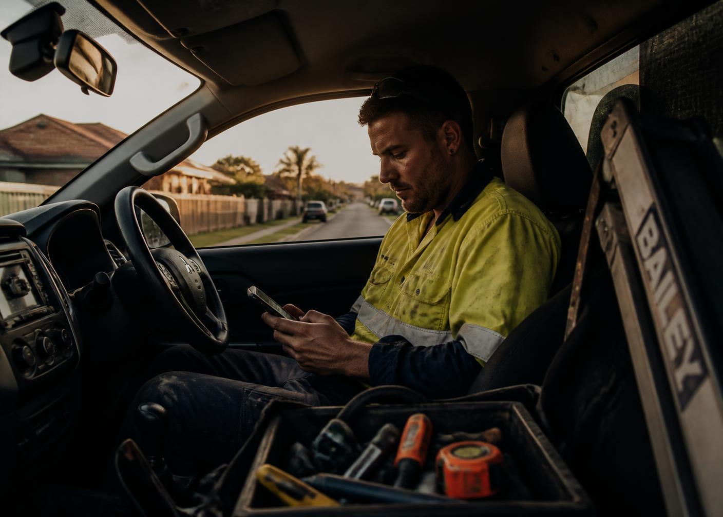 Australian tradie checking his phone in the ute between jobs